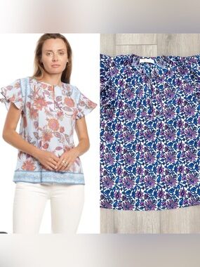 Bindu Marion top flutter sleeve floral top blue purple XS